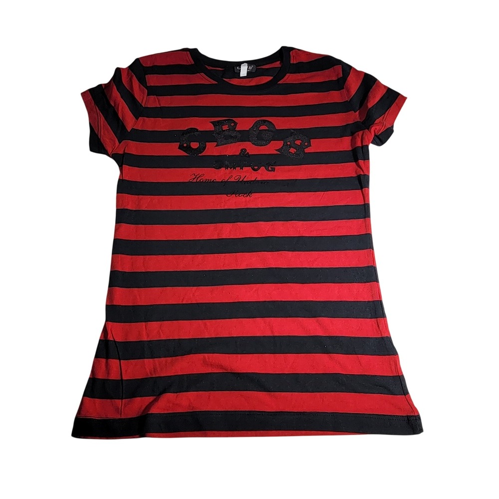CBGB OMFUG Red Black Striped Graphic T-Shirt Punk Rock Short Sleeve Medium